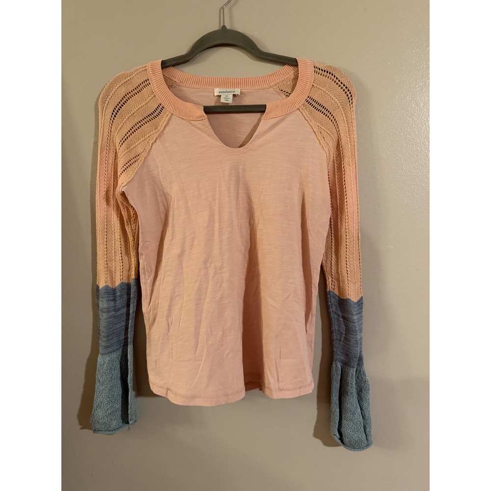 Sundance Womens XS Pink Blue Mixed Media Knit Bell Sleeve Slub Cotton Top